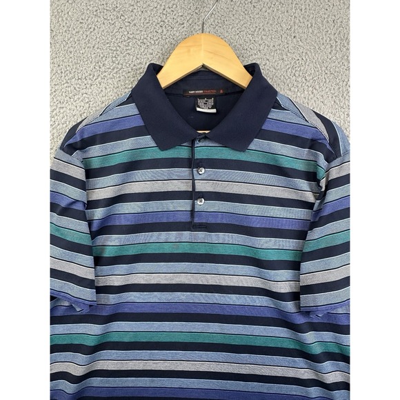 VTG Nike TW Tiger Woods Coll Golf Polo‎ Shirt Mens Large Blue Striped Dri-FIT - Picture 1 of 12